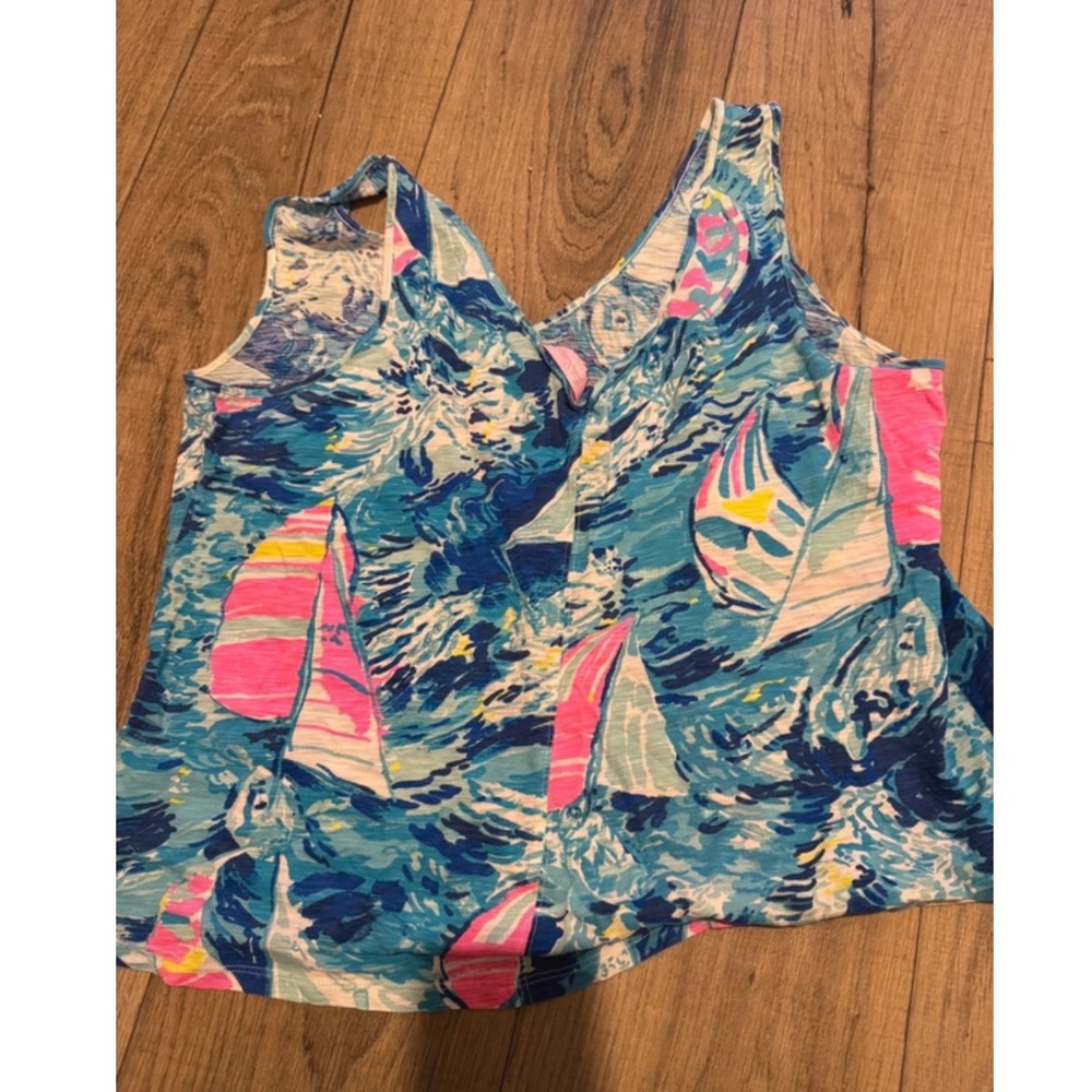 Lilly Pulitzer Tank Top Womens XL Blue Sailboat Nautical V-Neck Slub Jersey